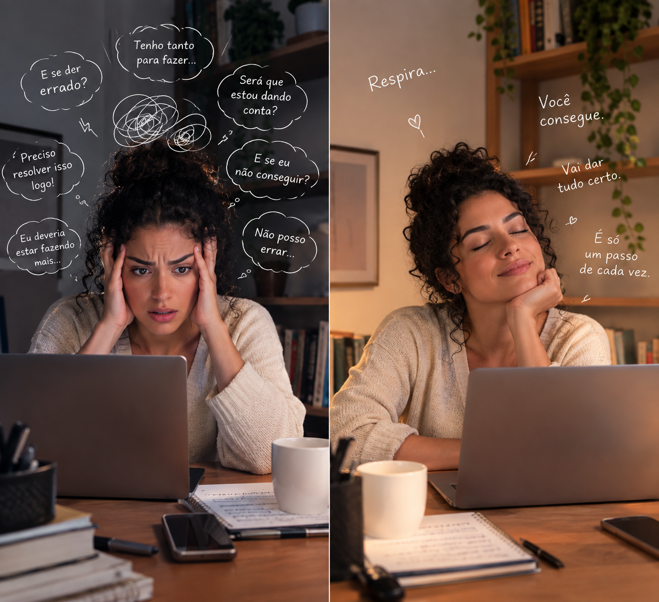 A imagem mostra a mesma pessoa em dois estados emocionais diferentes. No lado esquerdo, ela aparece ansiosa, com pensamentos acelerados e expressão de preocupação. No lado direito, está mais calma, relaxada e com uma expressão de tranquilidade. O ambiente é o mesmo nos dois lados, destacando como a forma de lidar com os pensamentos pode mudar a experiência emocional.
