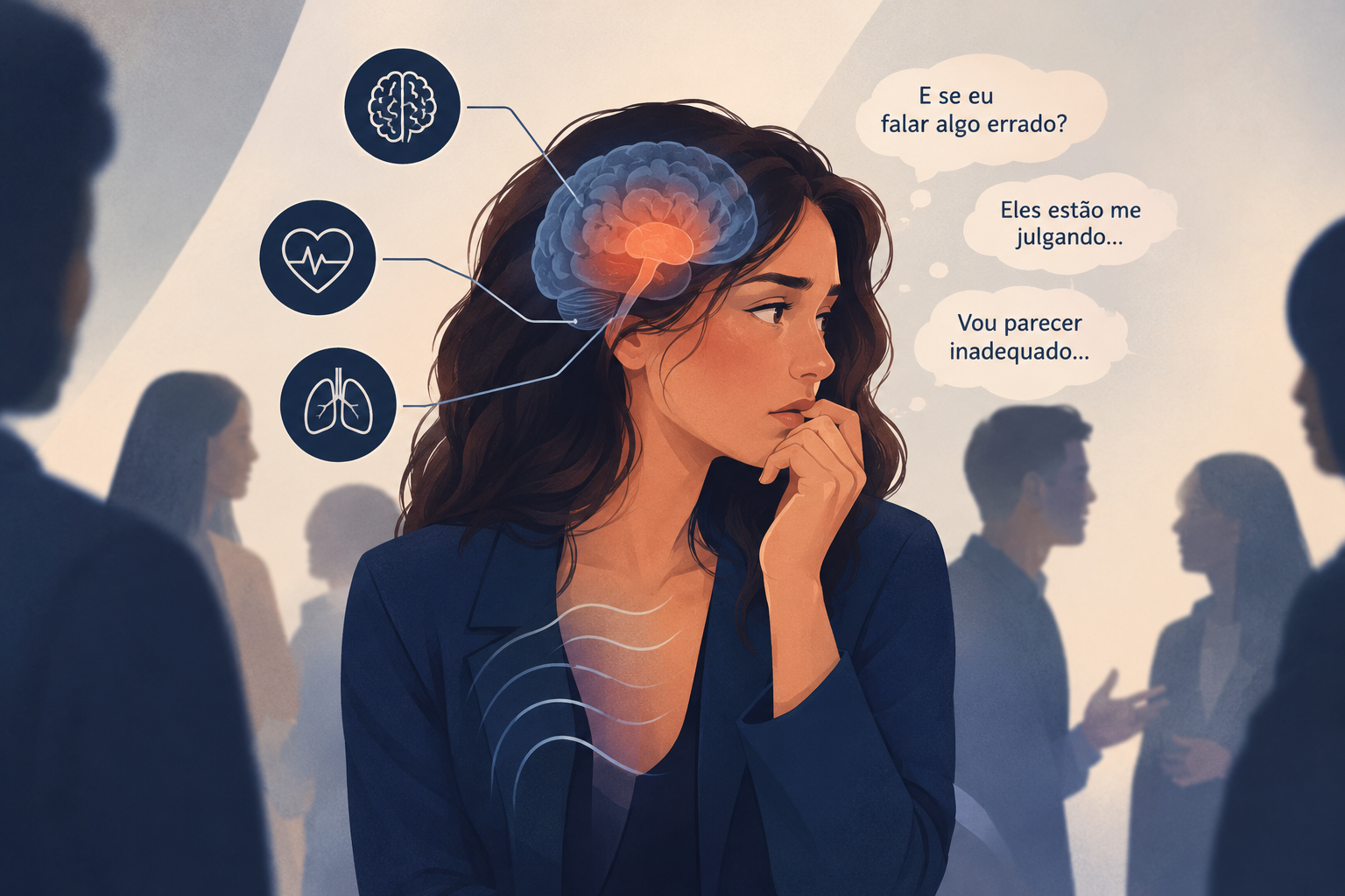 Ilustração conceitual de uma mulher demonstrando ansiedade em meio a outras pessoas, com pensamentos de medo de julgamento e símbolos que representam as reações do cérebro, do coração e da respiração. A imagem transmite a tensão emocional e a insegurança vivenciadas em situações sociais.